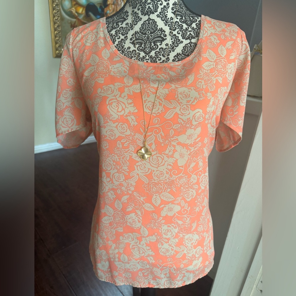 🍑 Bobeau Peach & Cream Floral Short Sleeve Blouse -Size XL $15